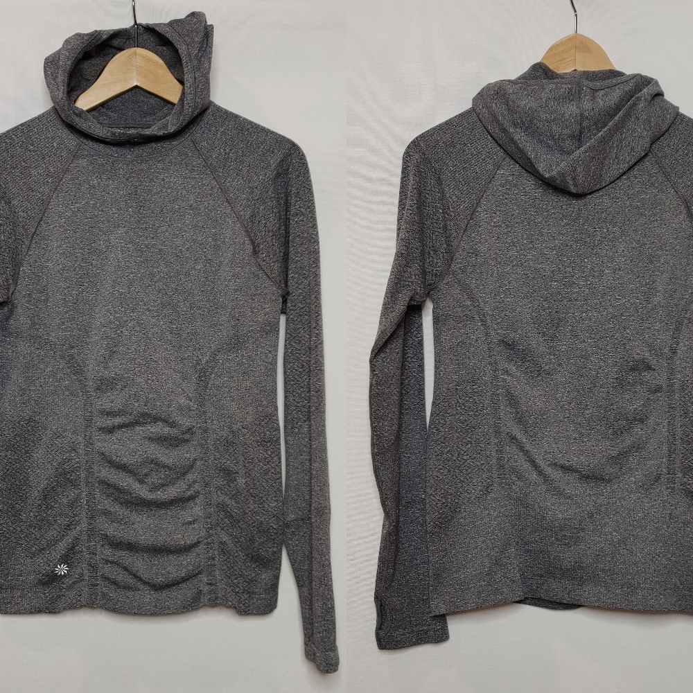 Athleta Seamless Tracker Hooded Pullover Shirt Gray Fitted Medium M 138497